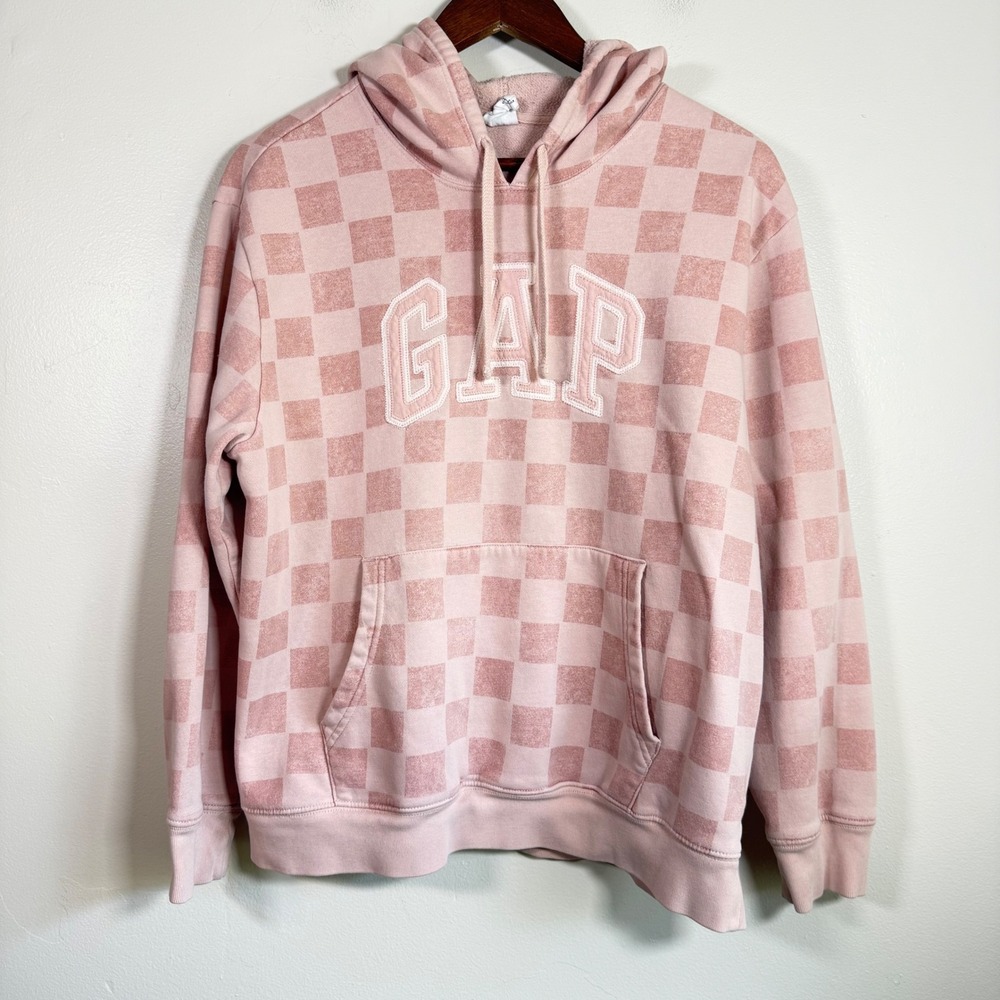 Gap Arch Logo Checkered Pullover Hoodie Size Large Pink